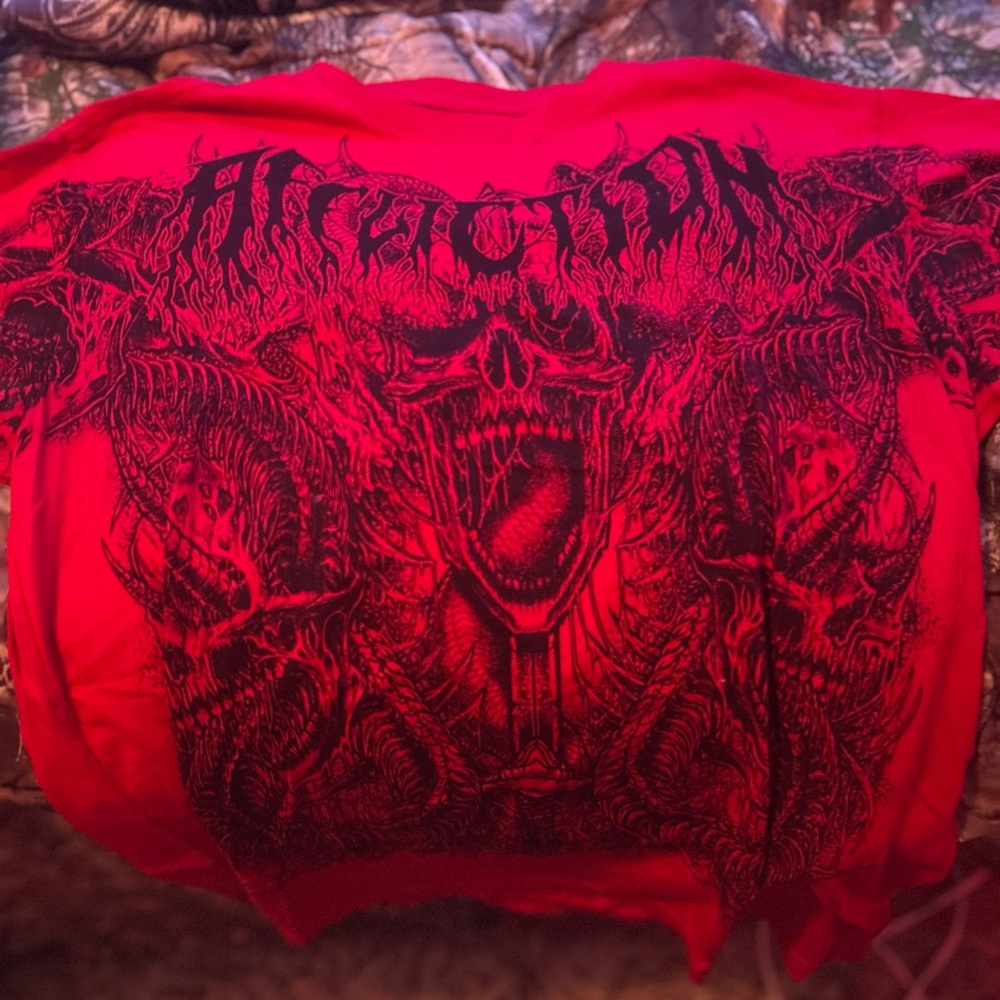 Affliction Red and Black Short Sleeve Tee with Intricate Design